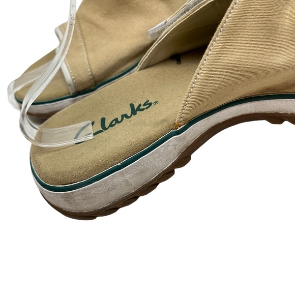 CLARKS Beige Tan White Canvas Slides Flip Flops Neutral Shoes Flats Casual sz 9 - Picture 13 of 16